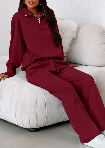 PRETTYGARDEN Womens Casual Two Piece Sets Fall 2026 Outfits Quarter Zip Sweatshirts Straight Leg Pants Sweatsuits Tracksuit