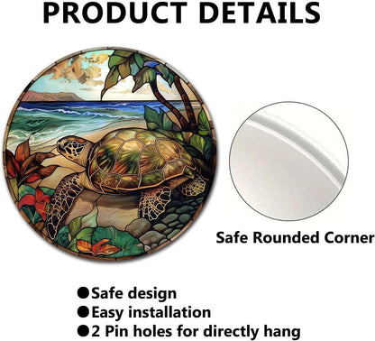 Lygond Metal Sign Tin Sign Circular Stained Glass Turtle Decor Outdoor for Yard 8×8 Inches