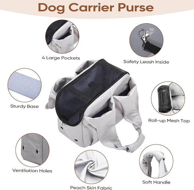 Dog Purse Carrier for Small Dogs, Cats, and Puppies – Soft-Sided Travel Pet Tote Bag with 4 Large Pockets, Foldable, Lightweight, Fits Pets up to 15 lbs, for Travel, Outings (Grey)