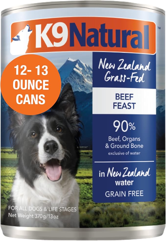 K9 Natural Wet Dog Food Pate, Beef Feast, 13 Oz Cans (Pack of 12), Grain Free, Made in New Zealand with Grass-Fed & Finished Beef, Single Source, Limited Ingredient