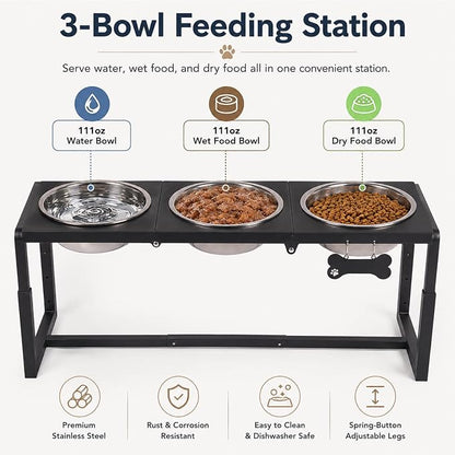 Metal Elevated Dog Bowls, Raised Dog Bowls for Large/Extra-Large Breeds with 3×111oz Stainless Steel Bowls, 3 Adjustable Height Stand for Water & Food, Protect Neck & Joints
