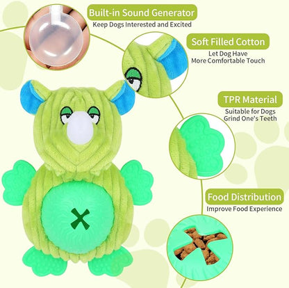 Interactive Dog Toys, Plush Dog Toy with Treat Dispensing Ball, Squeaky Dog Toy with Cute Plastic Paws for Playing,Slow Eat Hiding Food Enrichment Toy for Small & Medium Breeds(Green)