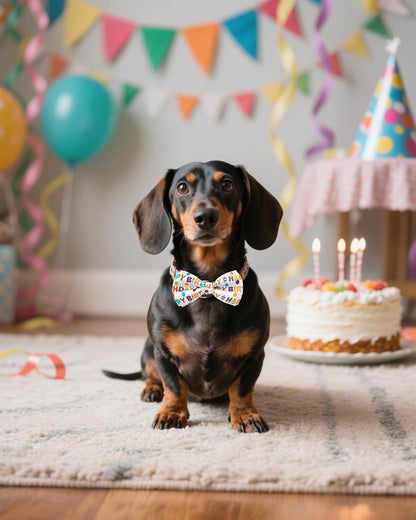 PET SHOW 5 Pack Happy Birthday Big Dog Bow Ties Sliding Collar Attachment Pet Bowties for Medium Large Dogs Party Balloon Cake Bowknots Collar Charms Grooming Accessories
