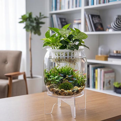 Thenshop 1.07 Gallon Plastic Aquaponic Planter and Aquarium Betta Bowl Fish Aquariums Small Fish Tank with Base and Top Promotes Healthy Hydroponic Environment for Plants (Elliptical Cylinder)