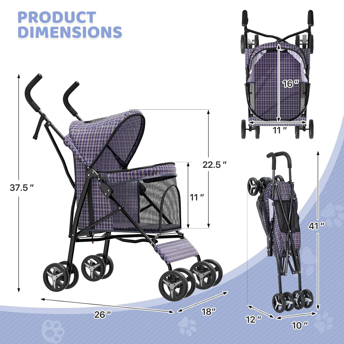 Magshion Compact Pet Stroller for Small-Medium Dogs/Cats up to 22lbs, 4-Wheel Lightweight Umbrella Shaped Portable Puppy Travel Jogger with Breathable Mesh & Rear Storage, Plaid