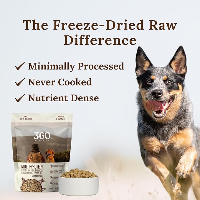 360 Pet Nutrition Freeze-Dried Raw Dog Food – Multi-Protein with Beef, Chicken, Fish, Liver & Organs, High Protein, Omega-3s, Fruits, Veggies & Superfoods, Grain-Free, No Fillers, 5 oz – Made in USA
