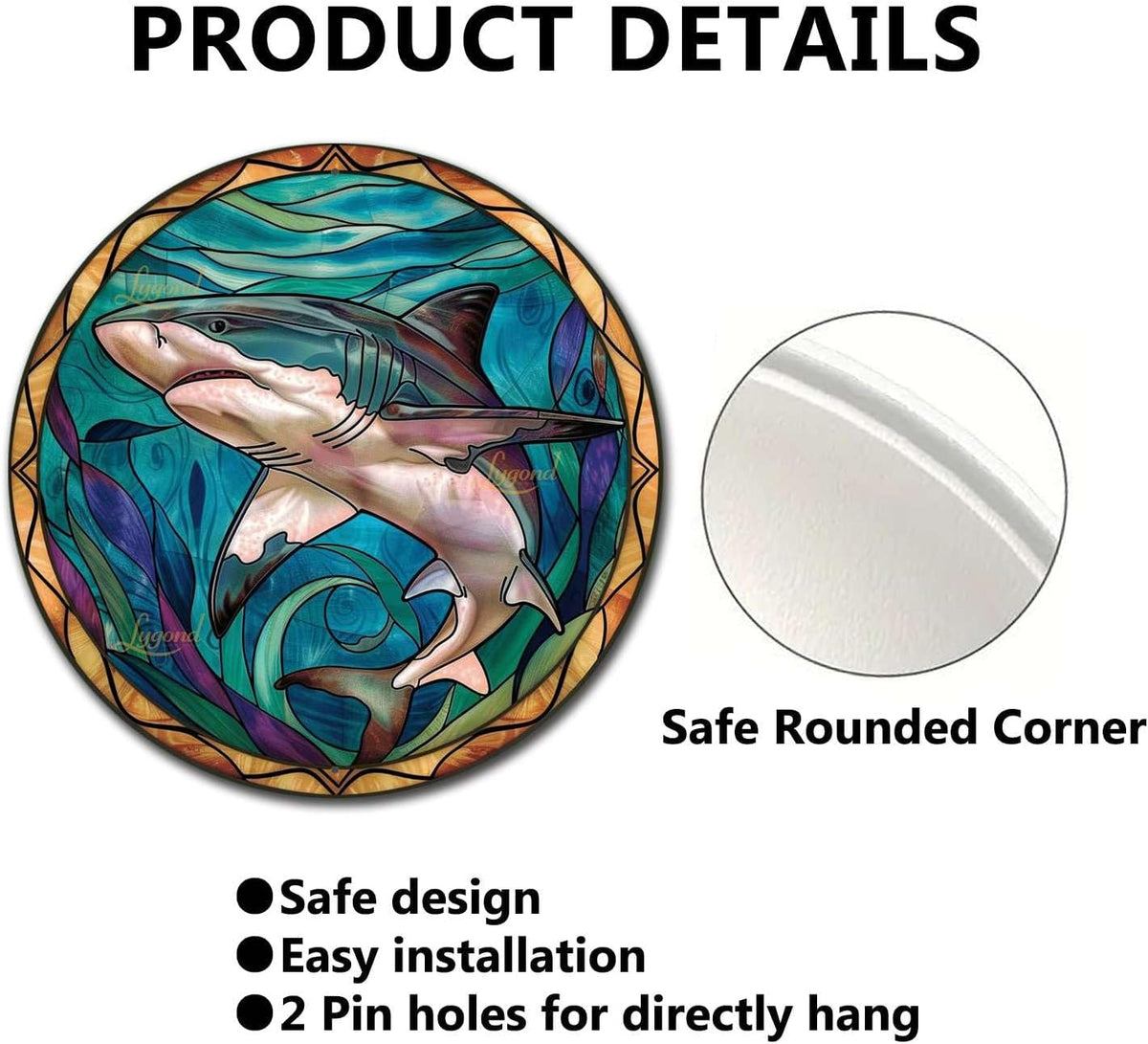 Lygond Metal Sign Tin Sign Circular Stained Glass Shark Decor Outdoor for Patio 12×12 Inches