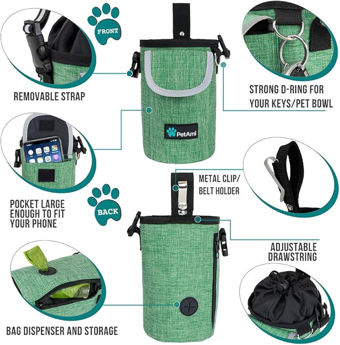 PetAmi Dog Treat Pouch, Large Pet Training Treat Pouch with Pocket, Dog Trainer Essentials Supply Holder with Poop Bag Dispenser, Training Bag for Kibbles Toys, 3 Ways to Wear (Green)