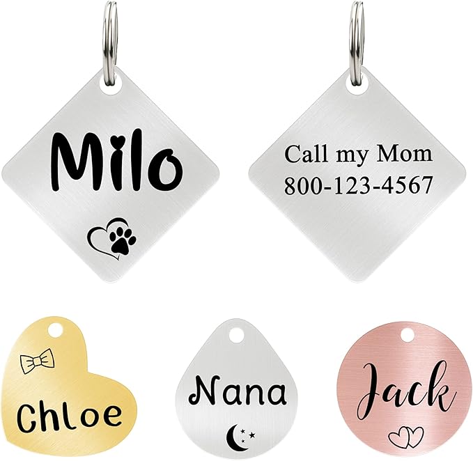 Ultra Joys Cat ID Tag Personalized Pet Tags, Durable Stainless Steel Small Pet Mini Dog Cat Tag Lightweight -Diamond Tag in Silver