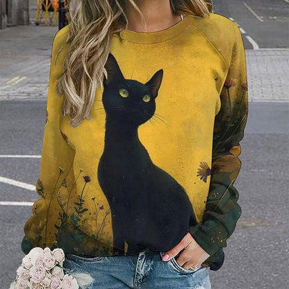 Long Sleeve Shirts for Women Cat Oil Painting Shirt 3D Graphic Sweatshirts Fall Pullover Crewneck Vintage Boho Tops