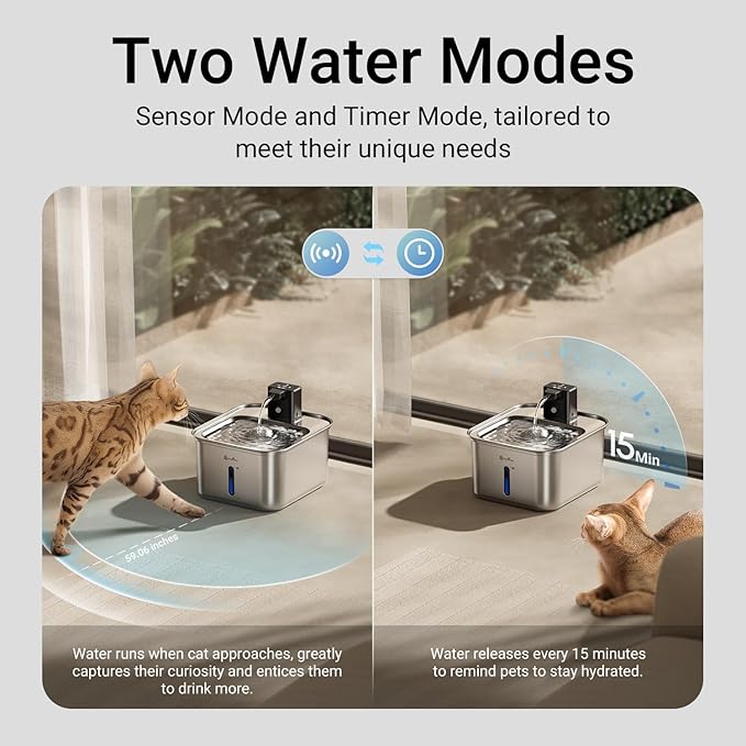 DownyPaws Cat Water Fountain Stainless Steel Wireless, 101 oz/3L FurSink Cordless Cat Water Dispenser for Pets, Battery Operated Dog Drinking Fountain with Motion Sensor, Metal with 6 Filters