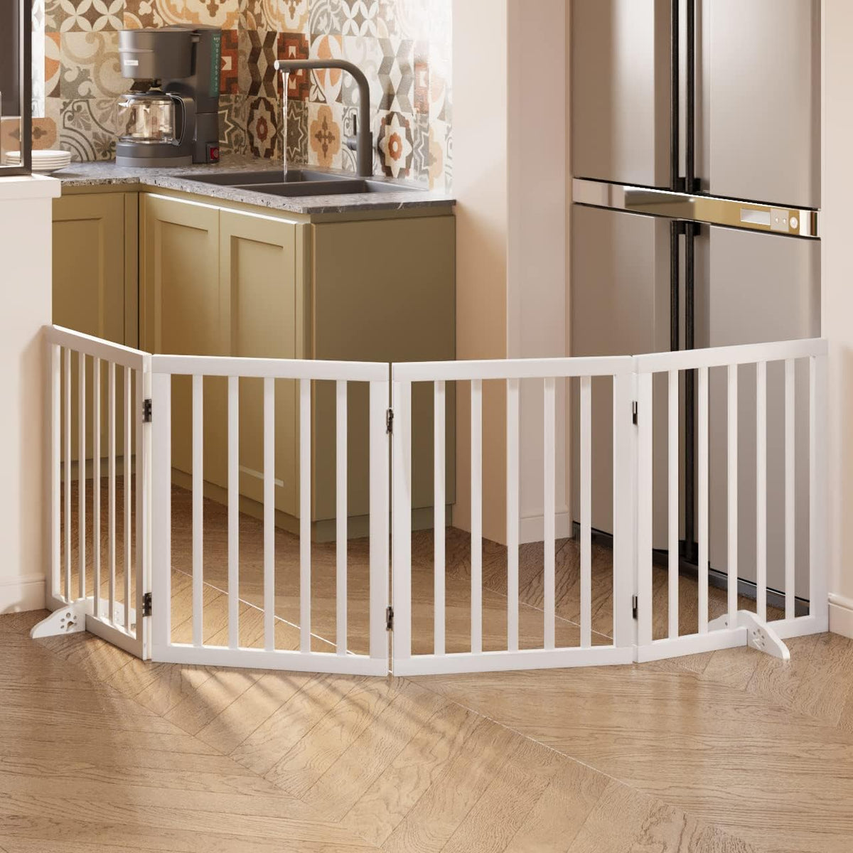 Wooden Dog Gate Freestanding Foldable Pet Gate 4 Panel Fully Assembled Dog Gates for Doorways House Stairs