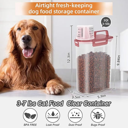 3-5Lbs Small Cat Dog Food Storage Containers BPA Free, Airtight Pet Food Storage Containers with Large Pour Spout/1 Measuring Cup/ 4 Safety Locks and double-layer silicone strip (Clear PInk&1)