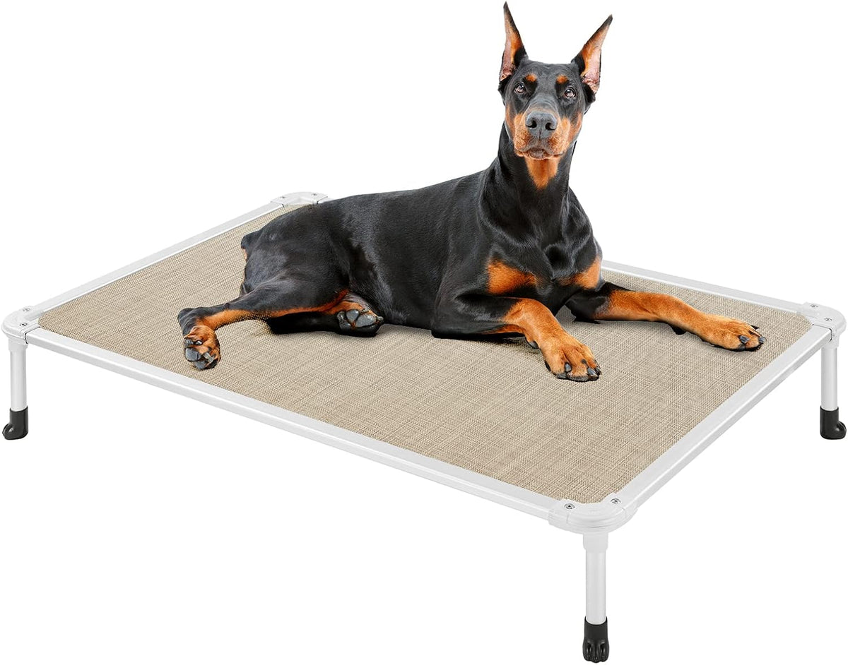 Veehoo Chew Proof Elevated Dog Bed - Cooling Raised Pet Cot - Silver Aluminum Frame and Durable Textilene Mesh Fabric, Unique Designed No-Slip Feet for Indoor or Outdoor Use, Beige Coffee, X Large
