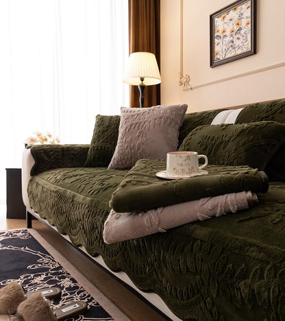 Green Fuzzy Rabbit Plush Sofa Cover Cozy Warm Sofa Couch Covers with 3D Jacquard Leaf Pattern Non-Slip Easy-to-Install Shaggy Sofa Slipcover Prefect for Kids Dogs Cats Cats(Green,36"x94")