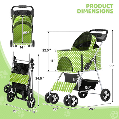 Magshion Foldable Pet Stroller, 3-in-1 Dog Travel Jogger with Detachable Carrier, Cup Holder, Storage Basket, Folding Carrier for Small/Medium Dogs & Cats Up to 33 lbs, Lawn Green Polka Dots