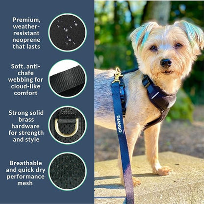 Adventure Dog Harness - Stylish and Comfortable Large Dog Harness for Outdoor Adventures and Everyday Wear - Black Neoprene Adjustable Harness for Dogs with Reflective Piping and Brass D-Ring