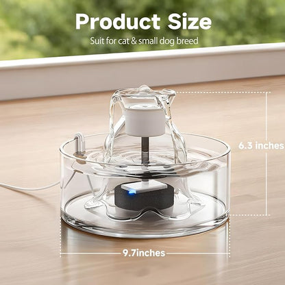 PETIMI Glass Cat Water Fountain, 2.7L/91 oz Ultra-Quiet Pet Fountain, Automatic Water Dispenser for Cats & Small Dogs, Spill-Resistant Pet Water Bowl, BPA-Free, Includes 2 Filters, Effortless to Clean
