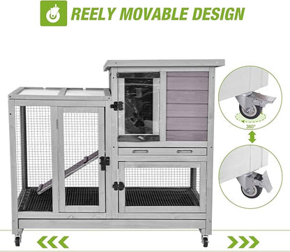 Gutinneen 2-Story Rabbit Hutch Indoor Wooden Bunny Cage with Removable Wire Mesh Floor, Chew-Proof Ramp, Lockable Wheels, Pull Out Trays for 1-2 Rabbit, Guinea Pig, 40.6" L x 26" W x 37.6" H