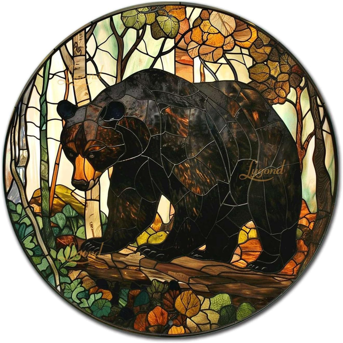 Lygond Metal Sign Tin Sign Circular Stained Glass American Black Bear Funny Outdoor Decor for Gift 12×12 Inches