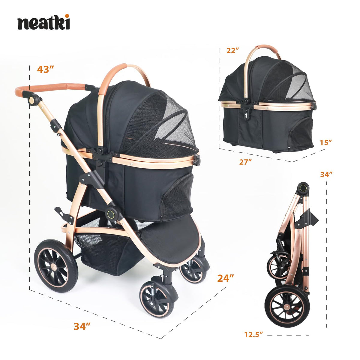 3 in 1 Pet Stroller - Stroller for Small to Medium Dogs and Cats up to 55 lbs, with Detachable Carrier/Car Seat, Foldable and Lightweight, Detachable Cushion + Cup Holder (Black/Gold)