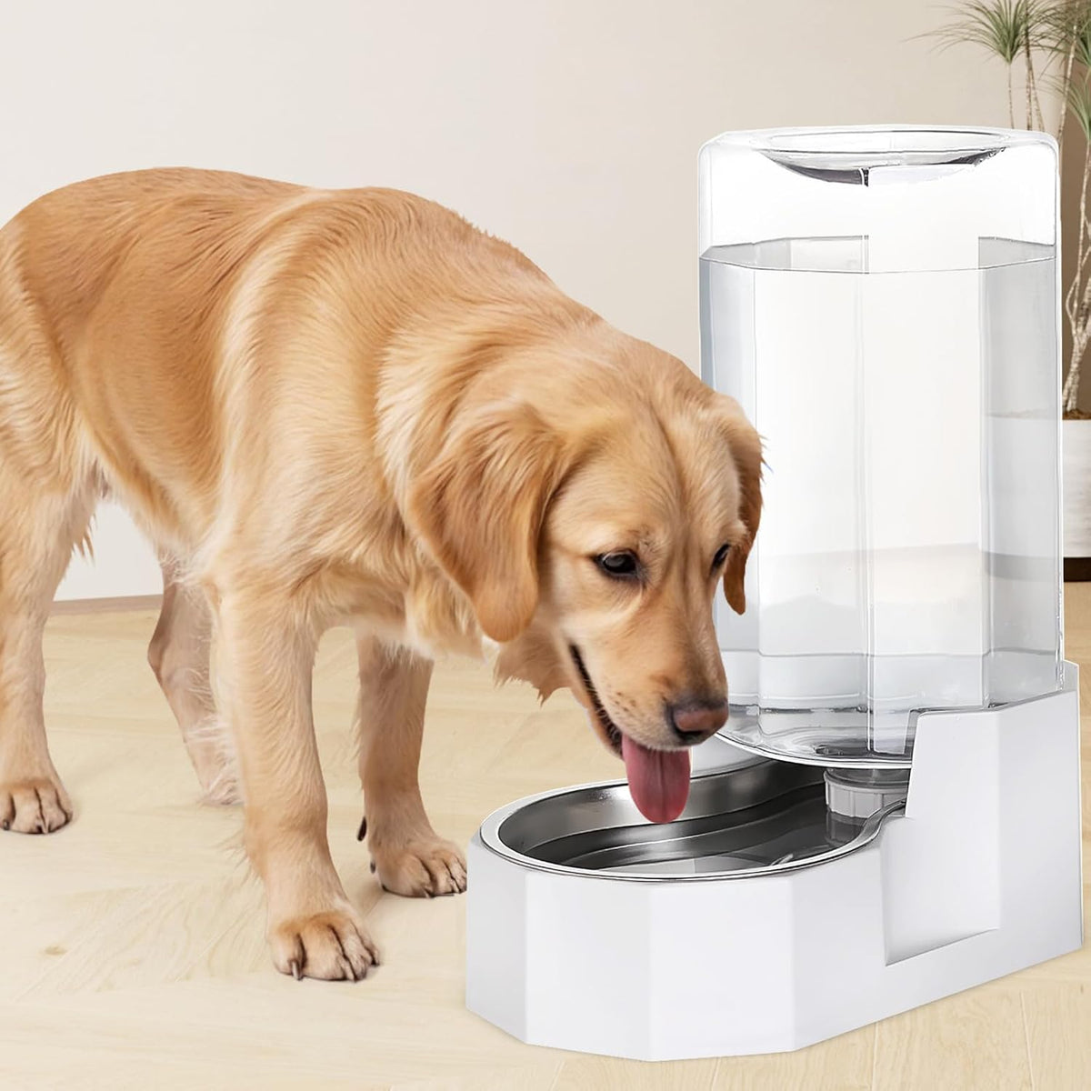 Sfozstra Large Dog Water Dispenser: 8L Automatic White Water Feeder with Stainless Steel Bowl - Without Filter - Gravity Design for Multiple Pets Indoor/Outdoor