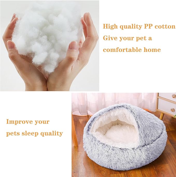 Cat Beds for Indoor Cats,Plush Hooded Cat Cave for Puppy Kitty Small Dog Bed,Removable Washable Non-Slip Bottom Self Warming Round Fluffy Faux Fur Super Soft Calming Sleeping Pet Bed(Gray)