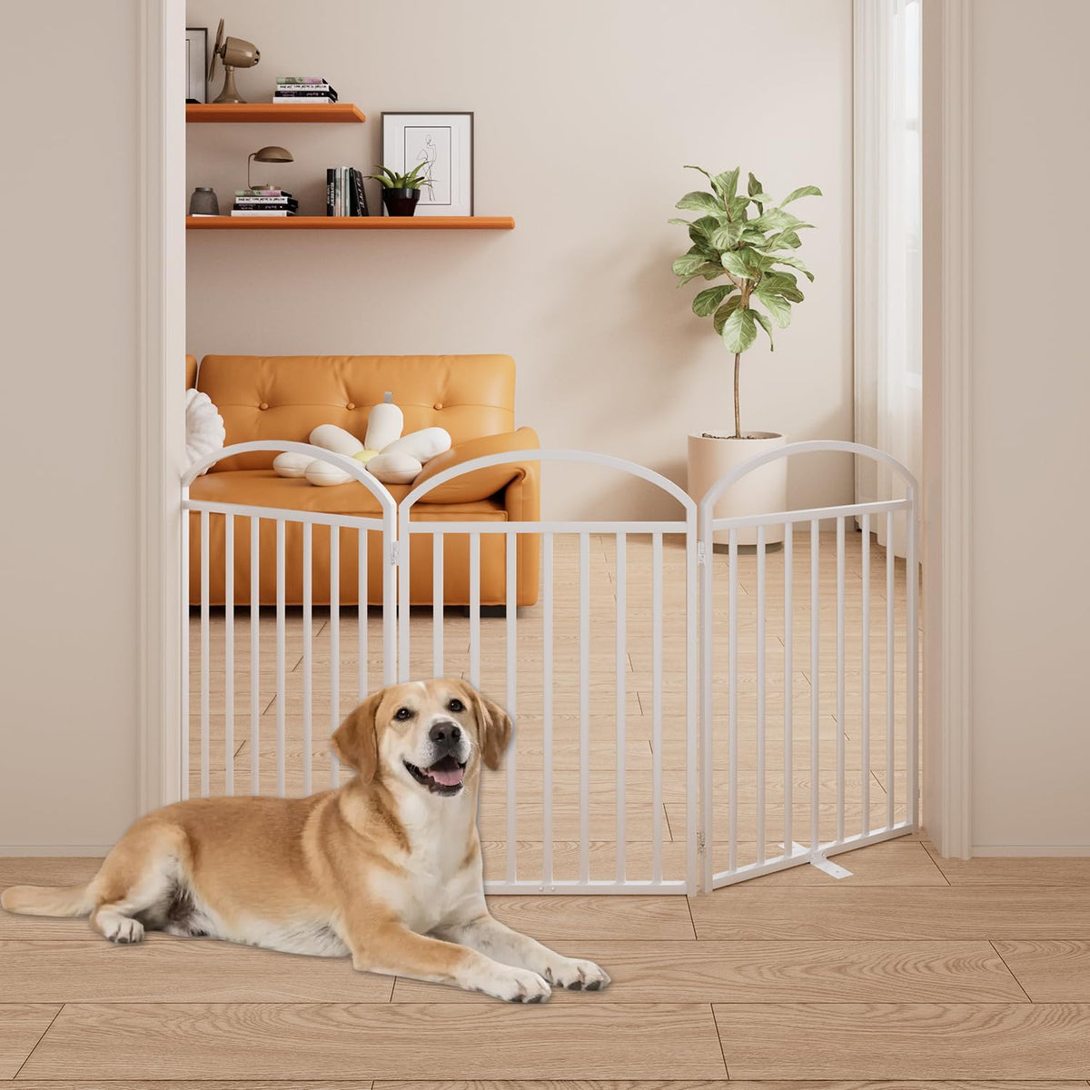 3 Panles Full Matel Freestanding Dog Gates with Door, 72"Extra Wide 32"Tall Free Standing Dog Pet Gate for Indoor & Outdoor. Foldable Pet Fences for Doorways, House, Stairs, Porch, Deck, Yard