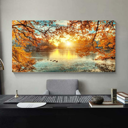 Yxbhhym-Landscape Tree Canvas Wall Art Fall Forest Sunset Wall Decor Poster Lake Water Pictures for bedroom wall decor Natural Scenery Paintings Artwork Large Living Room Decor Home Office Decoration