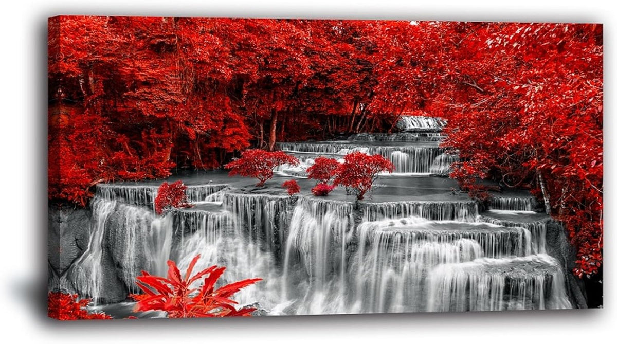 Yxbhhym Black White and Red Waterfall Canvas Wall Art- Red Tree Prints Landscape Posters Framed Picture - Nature Forest Scenery Paintings for Living Room Bedroom Home Office Wall Decor- Large