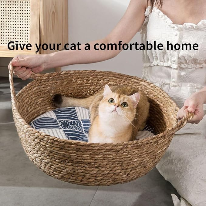 Cat Bed, Straw Woven Cat Baskets Bed, Round Wicker Cat Basket Nest, Non-Slip Cozy Kitten Bed for Cats Small Dog (Only Nest,Small)