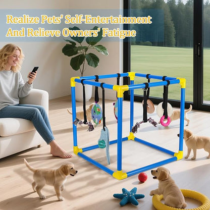 Liitrton Puppy Play Gym for Small Dogs with 8 Hanging Toys, Blue | 19.5"x19.5"x19.5" PVC Frame, Indoor Puppy Jungle Gym with Interactive Puppies Toys