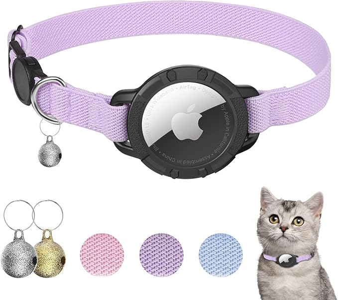 AirTag Cat Collars, Stretchy Collar with Apple AirTag Holder and Bell, Breakaway Ultra Design Elastic GPS Tracking Collars for Cats and Puppies, (7.5-12.5 Inch), Purple