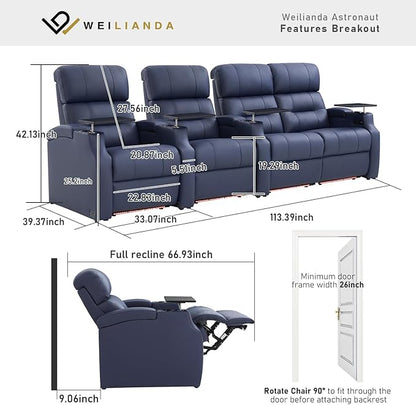 Weilianda Home Theater Seating, Top Grain Leather Sectional Seats Recliner Chair, Zero Gravity Reclining Sofa with Power Headrest 7 Colors Ambient Lighting USB C Charge Row of 4 Loveseat Right Blue