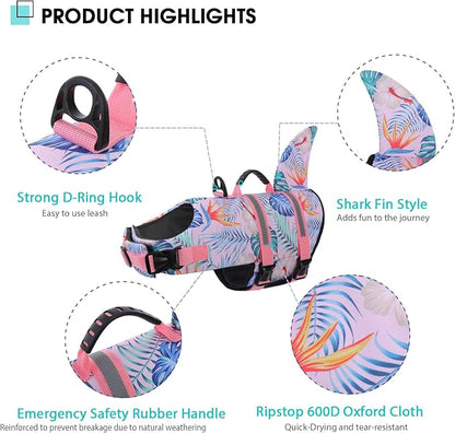 Shark Dog Life Vest for Swimming, Pet Life Vests for Boating, High Buoyant DogLife Jacket, Ripstop High Flotation Swimsui for Small, Medium, Large Dogs (HawaiiPink,M)