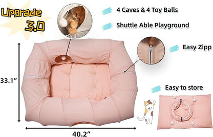 XxingSheep 4 Ways Shuttled XL Cat Tunnel Bed for Indoor Cats Peekaboo Cat Cave Donut with Cool Mat (Pink)