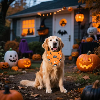 Halloween Dog Bandana for Small Dogs - Reversible Orange Jack-o-Lantern & Spiderweb Print Scarf - Soft & Quick-Dry for Costume Parties