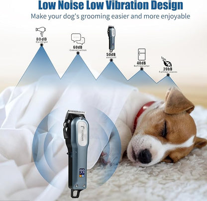 BESTBOMG Professional Dog Grooming Clippers for Thick Heavy Coats Low Noise High Power Rechargeable LED Display Cordless Pet Shaver for Small & Large Dogs Cats