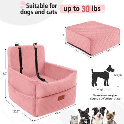 Dog Car Seat for Small Medium Dogs, Memory Foam Puppy Dog Booster Seat with Thick Cushion for Dogs Under 35lbs, Detachable Washable Pet Car Seat Travel Bed with Storage Pockets,2 Safety Belts