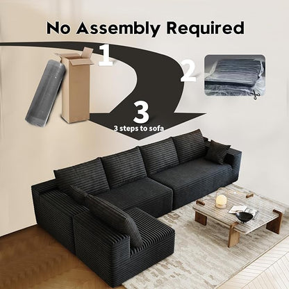 139.4" Modular Sectional Sofa, L-Shaped Minimalist Couches with Middle Seat Chaise, Modern Deep Seat Convertible Sleeper Sofa,Cloud Plush Corduroy Fabric, No Assembly Required, 5 Seater, Black