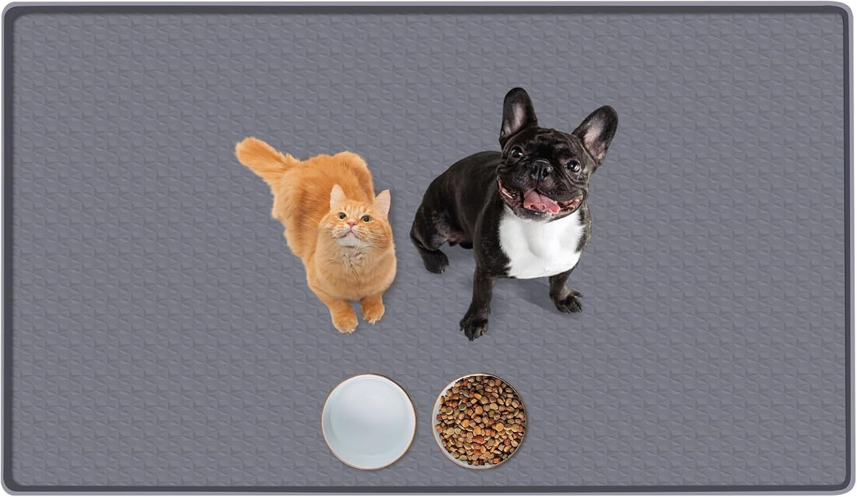 Cat Food Mat, 51.2" x 25.6" Extra Large Silicone Pet Feeding Mat with Raised Edge Pet Placemat for Food and Water Bowl Non-Slip, Easy to Clean, Floor Protection (Dark Grey)