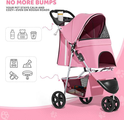 Magshion 3-Wheel Pet Stroller for Small/Medium Dog Cat, Up to 33lbs, Pink | Foldable Travel Jogger w/ Breathable Mesh Cover, Lightweight Design, Safety Tethers, Cup Holder & Storage Basket