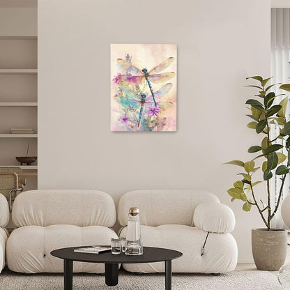 Dragonfly Bathroom Pictures Wall Art, Floral Bathroom Wall Decor, Framed Painting Canvas Artwork for Bedroom Living Room Decorations 16"L x 12"W