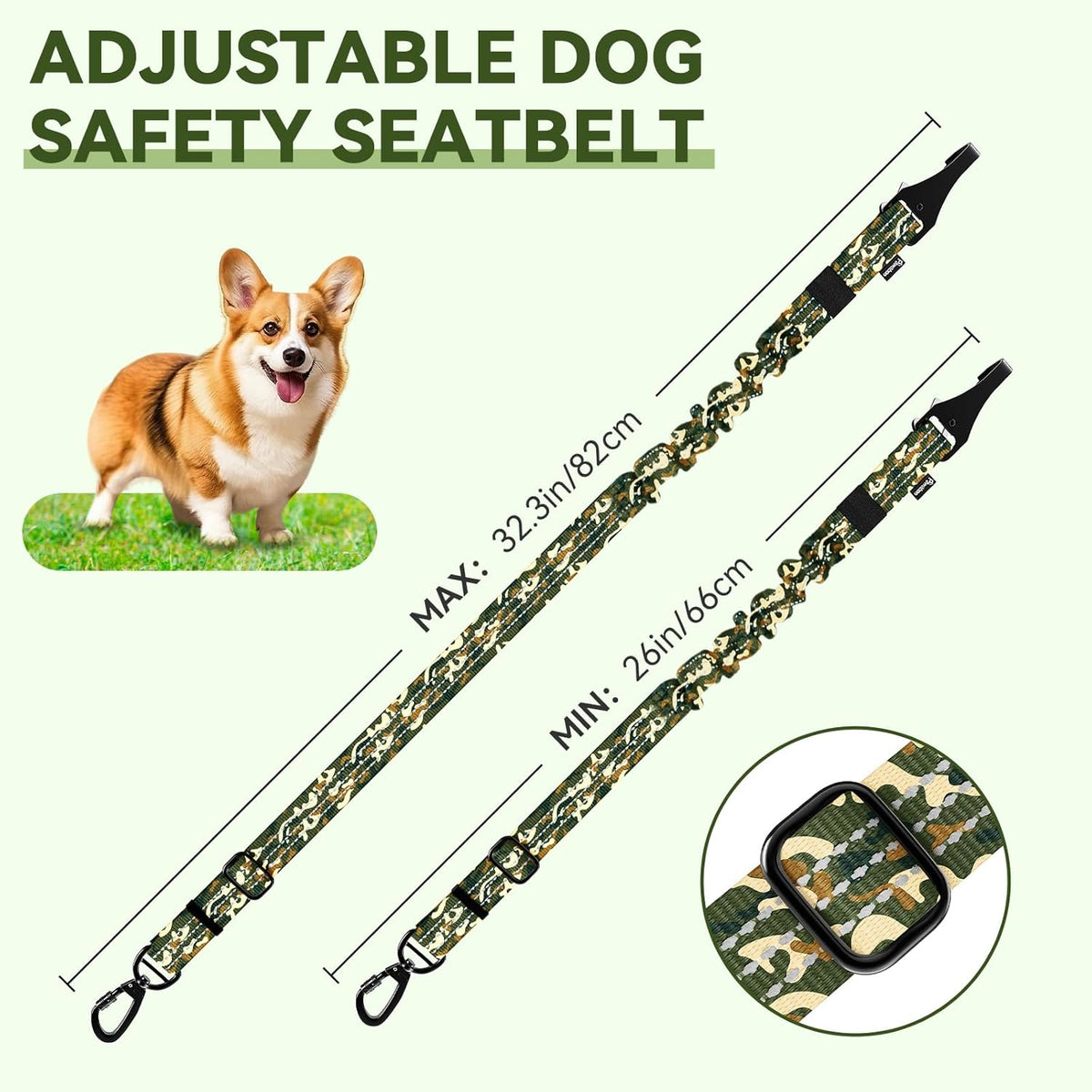 Pawaboo 2Pack Dog Seatbelt for Car, Dog Car Seat Belt Bungee, Dogs Tether with Buckle & Hook Latch, Adjustable Reflective Dogs Cars Harness Leash with 360° Lockable Buckle, Army Green Camouflage