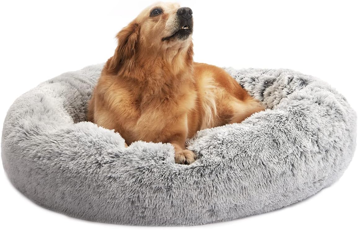 Bedfolks Calming Donut Dog Bed, 36 Inches Round Fluffy Dog Beds for Large Dogs, Anti-Anxiety Plush Dog Bed, Machine Washable Pet Bed (Light Grey, Large)