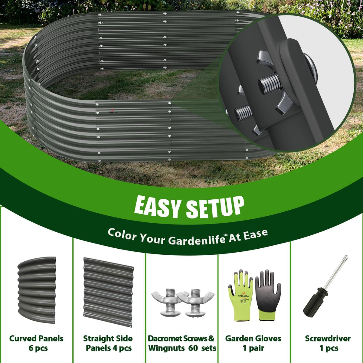 A ANLEOLIFE 6X3X2 ft Galvanized Raised Garden Beds Outdoor, Oval Large Metal Deep Root Planter Box for Planting Vegetables Flowers Herb, Anti-Rust & Easy-Setup, Quartz Grey