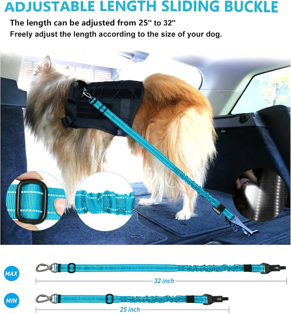 AUBELL Dog Seat Belt for Car,2 Pack Set 3-in-1 Adjustable Reflective Bungee Heavy Duty Dog Car Harness Tether with Clip Hook Latch & Buckle,Swivel Zinc Alloy Carabiner,Black+Blue