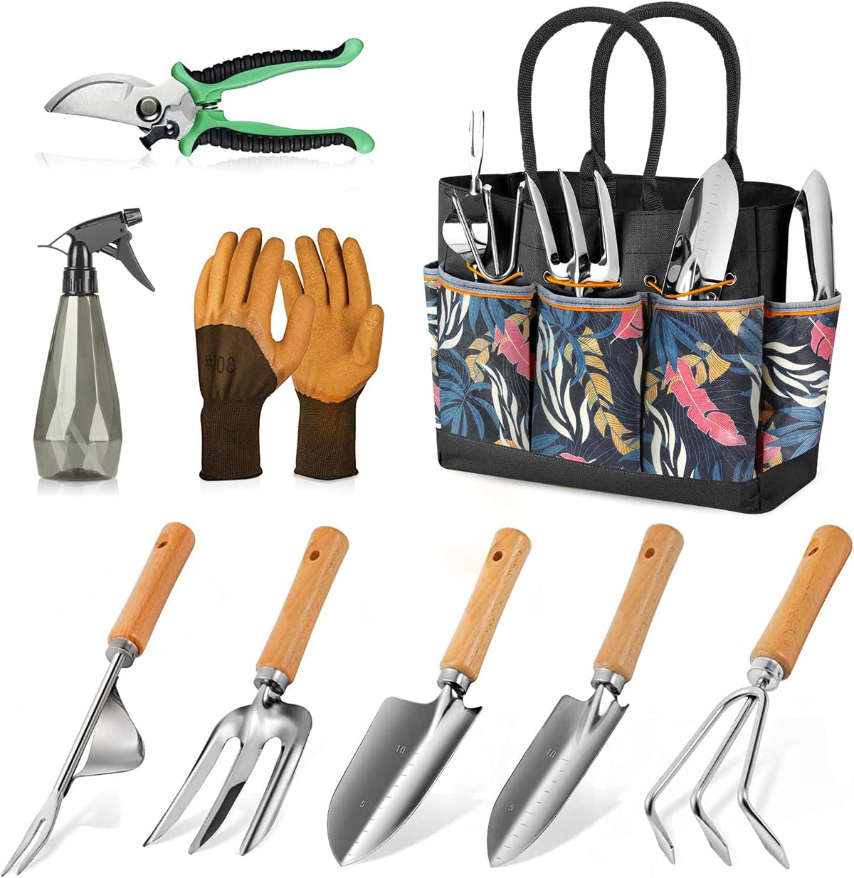 Gardening Tools 9-Piece Heavy Duty Garden Hand Tools with Fashion and Durable Garden Tools Organizer Handbag, Rust-Proof Garden Tool Set, Ideal Gardening Gifts for Women