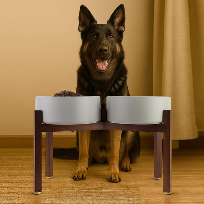 SPUNKYJUNKY Raised Ceramic Dog Bowls Set with Non-Slip Acacia Wood Stand for Large Sized Dog(60.87 OZ, Gray)