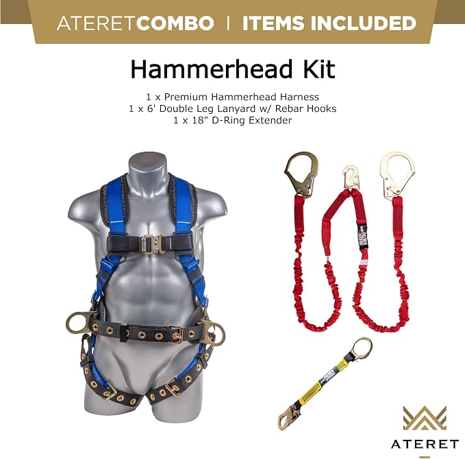 Fall Protection Hammerhead Kit I 5pt Safety Harness, 6' Double Leg Lanyard, 18" D-Ring Extender (Blue - 3XLG)
